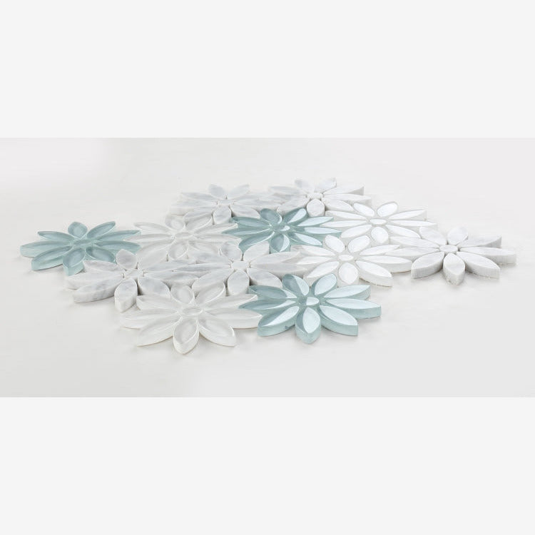 Carrara White & Blue Glass Blend Daisy Flowers Mosaic