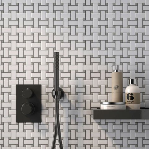 Simple White and Gray Basketweave Ceramic Mosaic