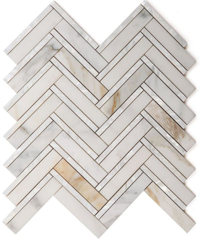 Calacatta Gold & Mother of Pearl Herringbone 1x4 Mosaic