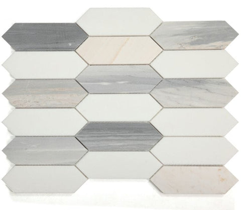 Carrara White and Blue Elongated Hexagon Marble Mosaic Tile