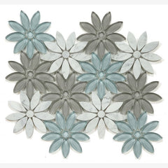 Carrara White Forest Glass Blend Daisy Flowers Mosaic