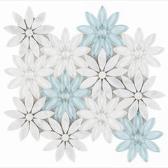 Carrara White Blue Glass Blend Daisy Flowers Mosaic