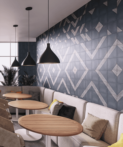 Restaurant wall with tribal print-inspired porcelain tile