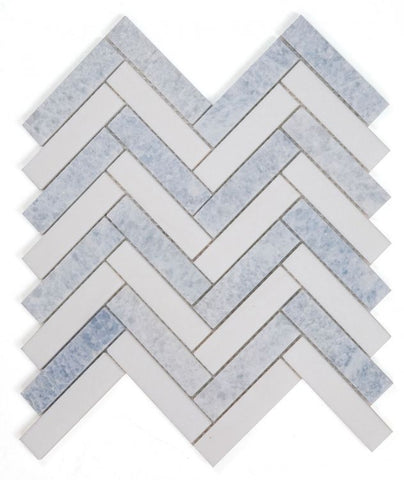 Thassos White & Azul Celeste Herringbone 1x4 Mosaic