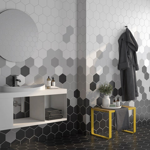 Venice Black 5x6 Hexagon Porcelain Tile, Venice Blanco 5x6 Hexagon Porcelain Tile, Venice Gris 5x6 Hexagon Porcelain Tile, and Venice Acero 5x6 Hexagon Porcelain Tile