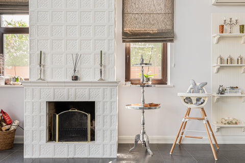 Fireplace with white textured tile surround