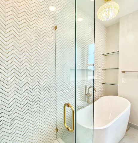 Glam Thassos White and Gold Brass Chevron Marble Mosaic