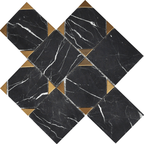 Glam Nero Marquina + Gold Brass Squares Mosaic