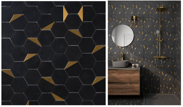 Glam Nero Marquina + Gold Brass Hexagon Mosaic