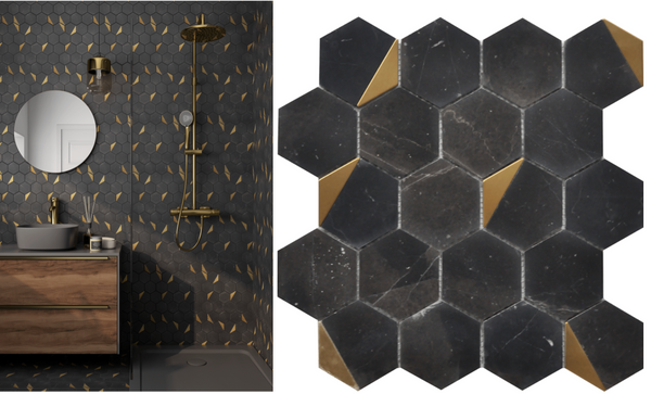 Nero Marquina + Gold Brass Hexagon Marble Waterjet Mosaic