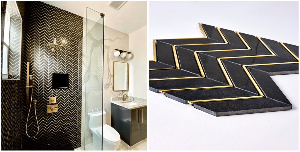 Glam Nero Marquina and Gold Brass Chevron Mosaic