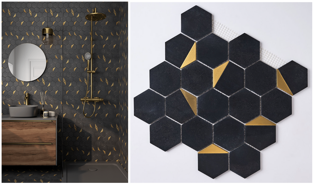 Glam Nero Marquina and Gold Brass Hexagon Mosaic