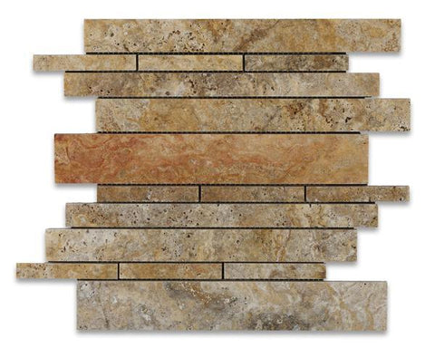 Scabos Travertine Honed Random Strip Mosaic Tile