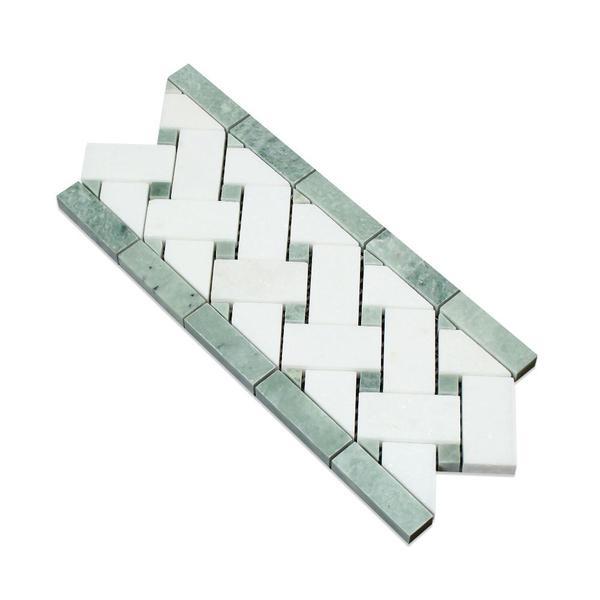 Thassos White Marble Basketweave Border with Green Marble Tilezz 