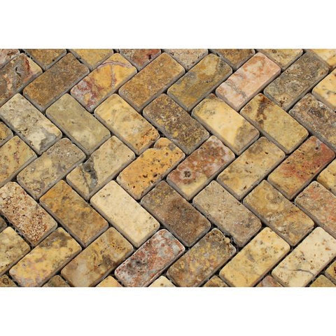 Scabos Travertine 1x2 Tumbled Herringbone Mosaic