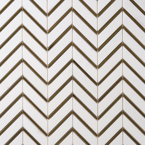 Glam Thassos White & Gold Brass Chevron Marble Mosaic