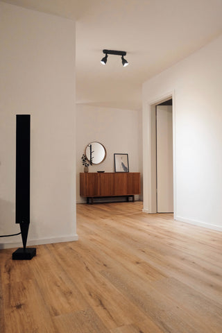 Room with wide wood plank flooring